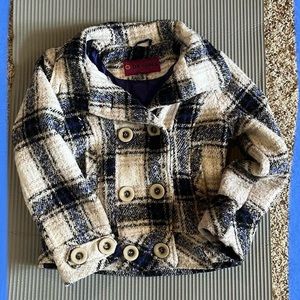 DX Girls plaid coat jacket in size girls L (14). In color white, blue, and black